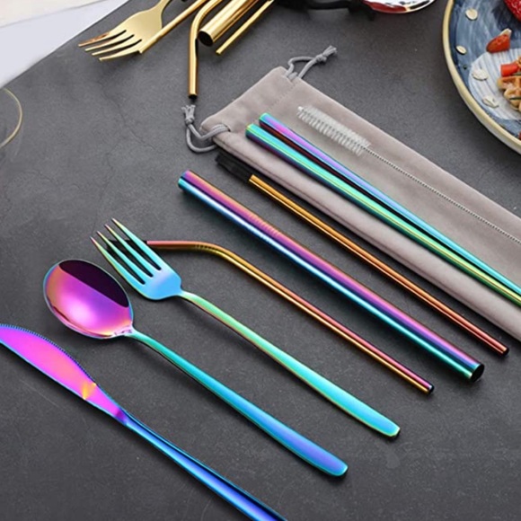 🌸 10PC COLOR SILVERWARE TRAVEL BUNDLE SET HOME EAT DINNER FORK SPOON KNIFE GIFT - Picture 3 of 6